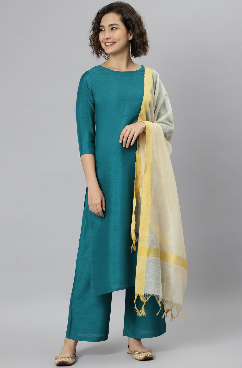 Janasya Women's Teal Poly Silk Solid Straight Casual Kurta Set | Grocsy