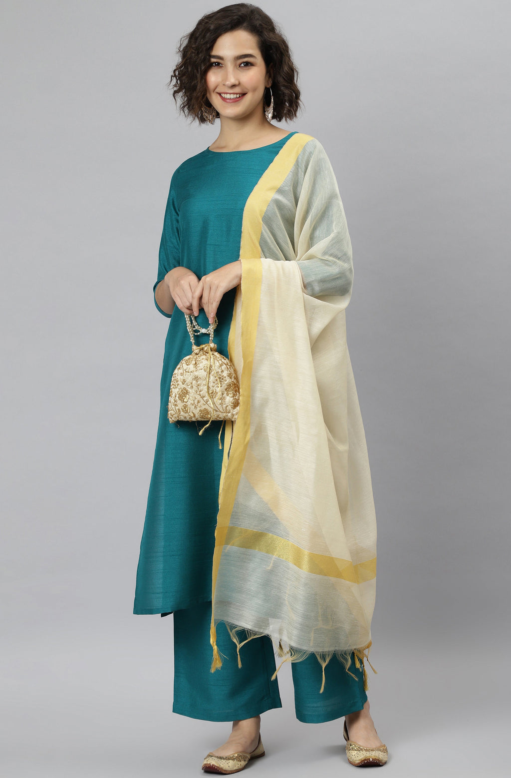 Janasya Women's Teal Poly Silk Solid Straight Casual Kurta Set | Grocsy