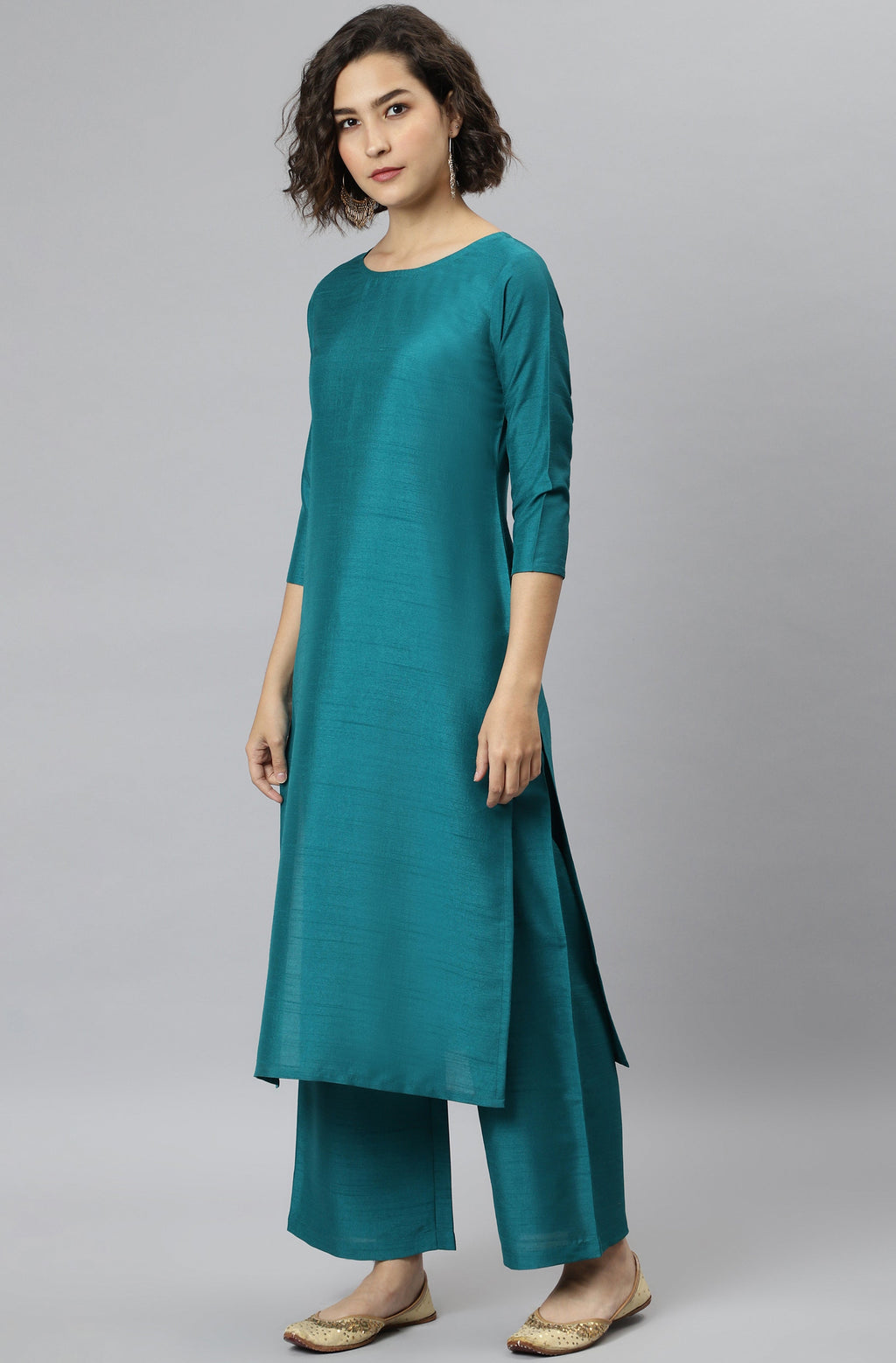 Janasya Women's Teal Poly Silk Solid Straight Casual Kurta Set | Grocsy
