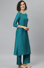 Janasya Women's Teal Poly Silk Solid Straight Casual Kurta Set | Grocsy