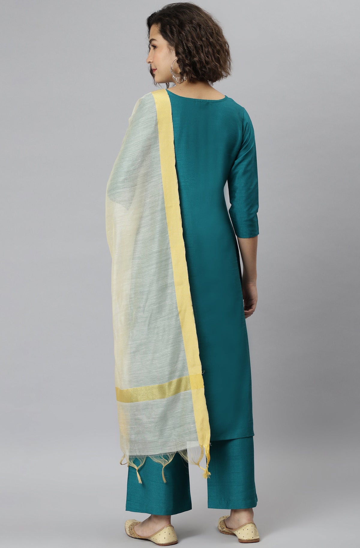 Janasya Women's Teal Poly Silk Solid Straight Casual Kurta Set | Grocsy