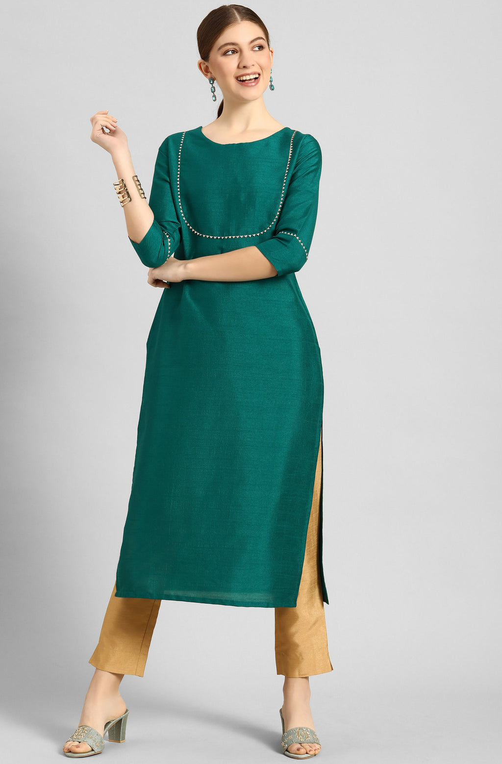 Janasya Women's Green Poly Silk Solid Straight Casual Kurta Set | Grocsy