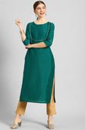 Janasya Women's Green Poly Silk Solid Straight Casual Kurta Set | Grocsy