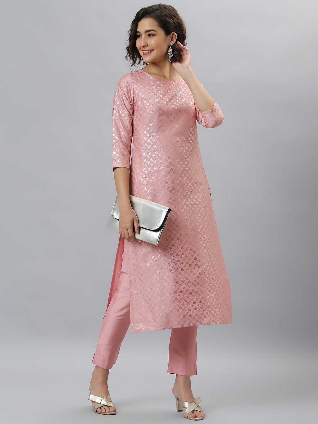 Janasya Women's Pink Poly Silk Floral Printed Straight Party Kurta Set | Grocsy