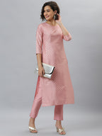 Janasya Women's Pink Poly Silk Floral Printed Straight Party Kurta Set | Grocsy