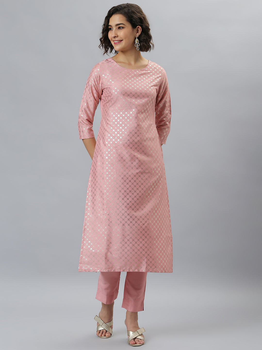 Janasya Women's Pink Poly Silk Floral Printed Straight Party Kurta Set | Grocsy