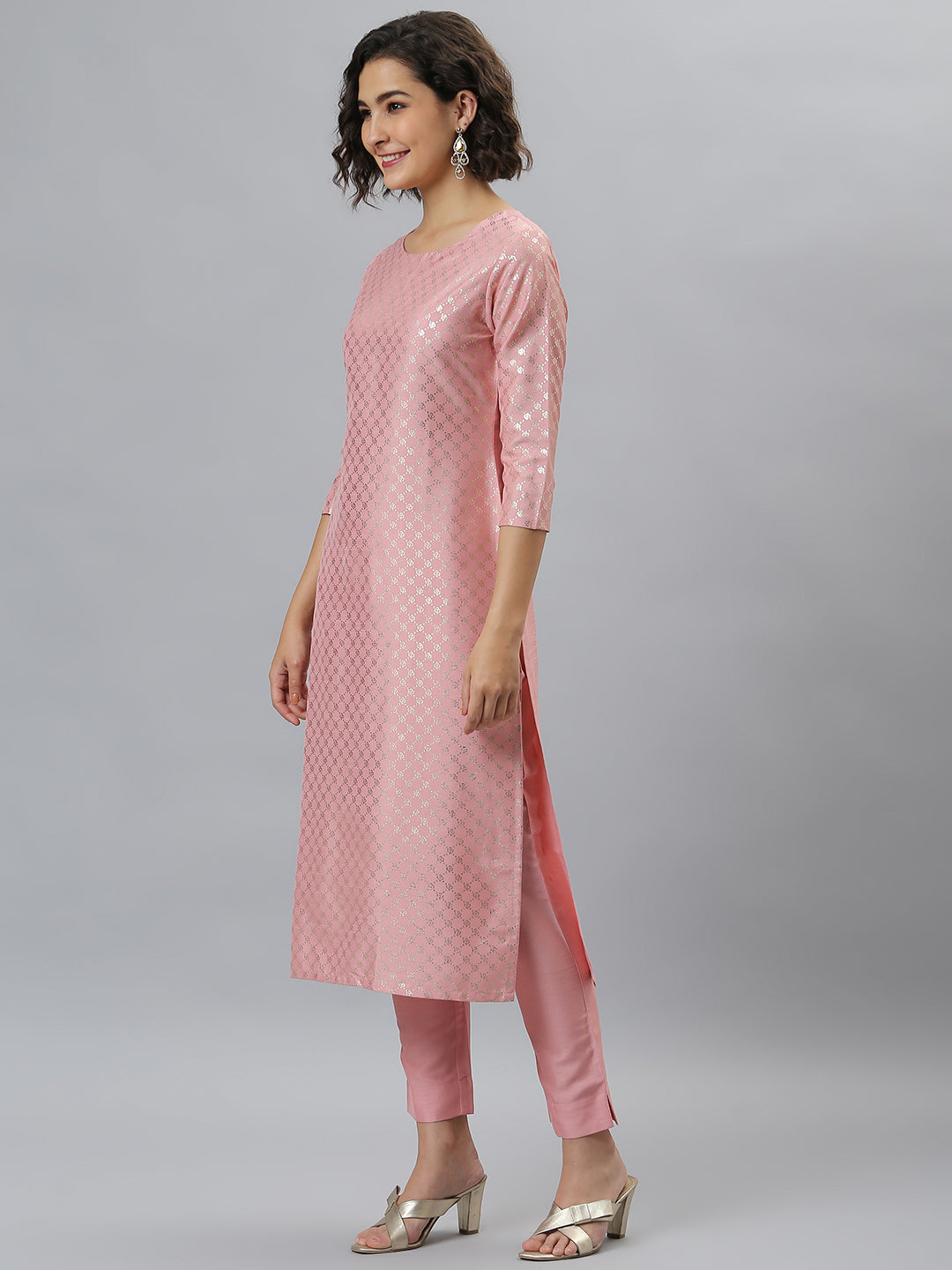 Janasya Women's Pink Poly Silk Floral Printed Straight Party Kurta Set | Grocsy
