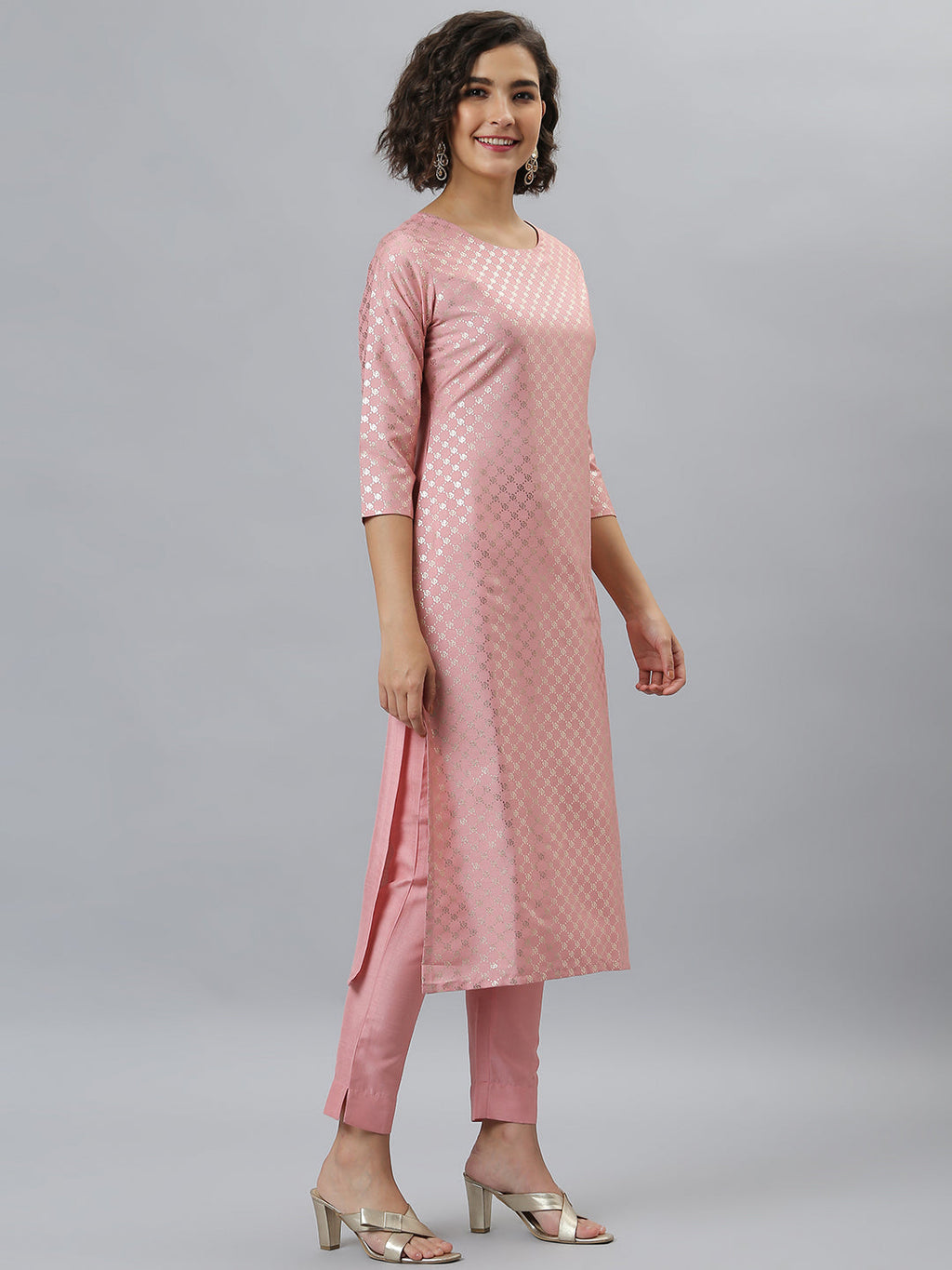 Janasya Women's Pink Poly Silk Floral Printed Straight Party Kurta Set | Grocsy
