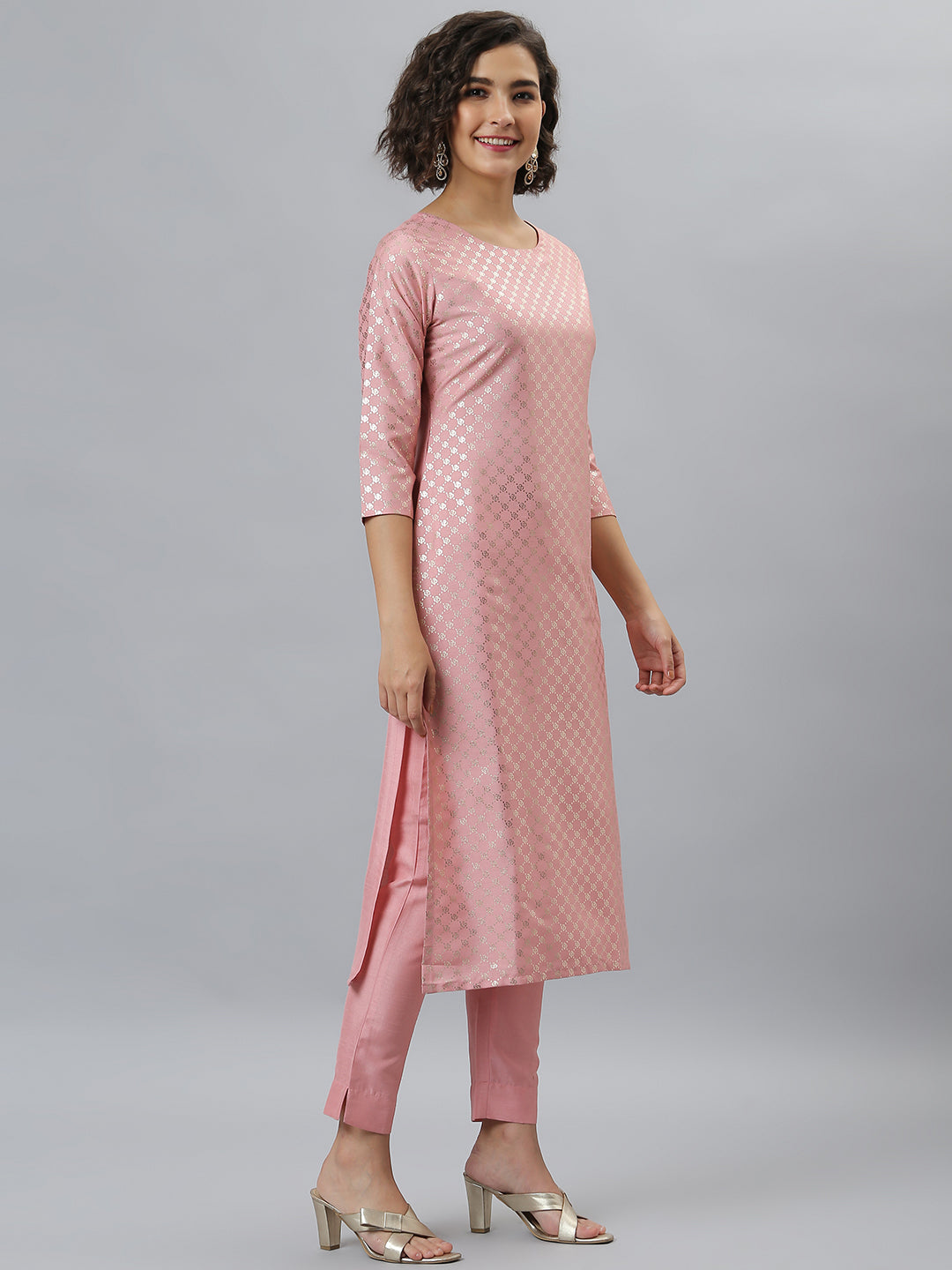 Janasya Women's Pink Poly Silk Floral Printed Straight Party Kurta Set | Grocsy