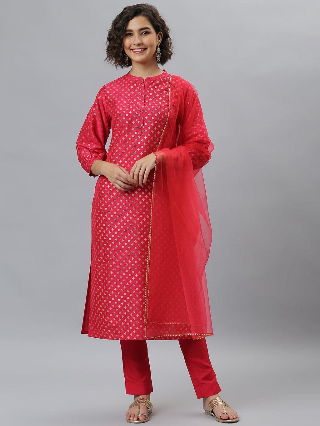 Janasya Women's Pink Poly Silk Floral Printed Straight Festive Kurta Set | Grocsy