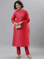 Janasya Women's Pink Poly Silk Floral Printed Straight Festive Kurta Set | Grocsy
