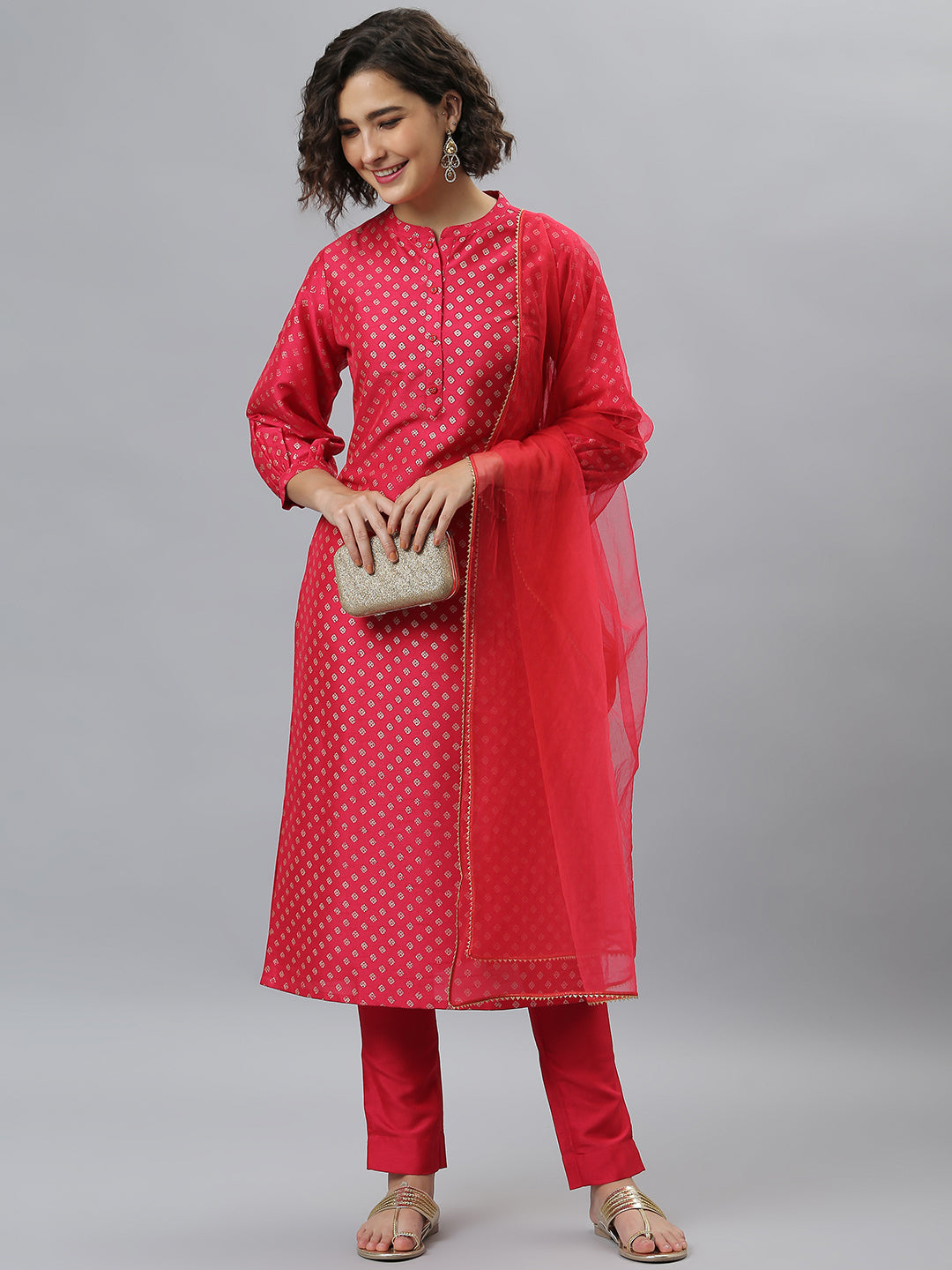 Janasya Women's Pink Poly Silk Floral Printed Straight Festive Kurta Set | Grocsy