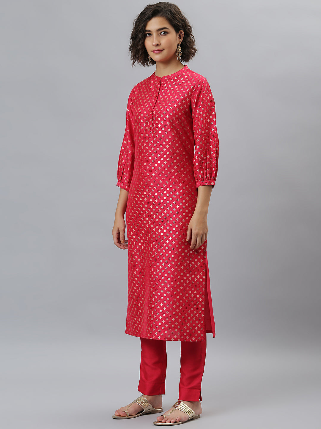 Janasya Women's Pink Poly Silk Floral Printed Straight Festive Kurta Set | Grocsy