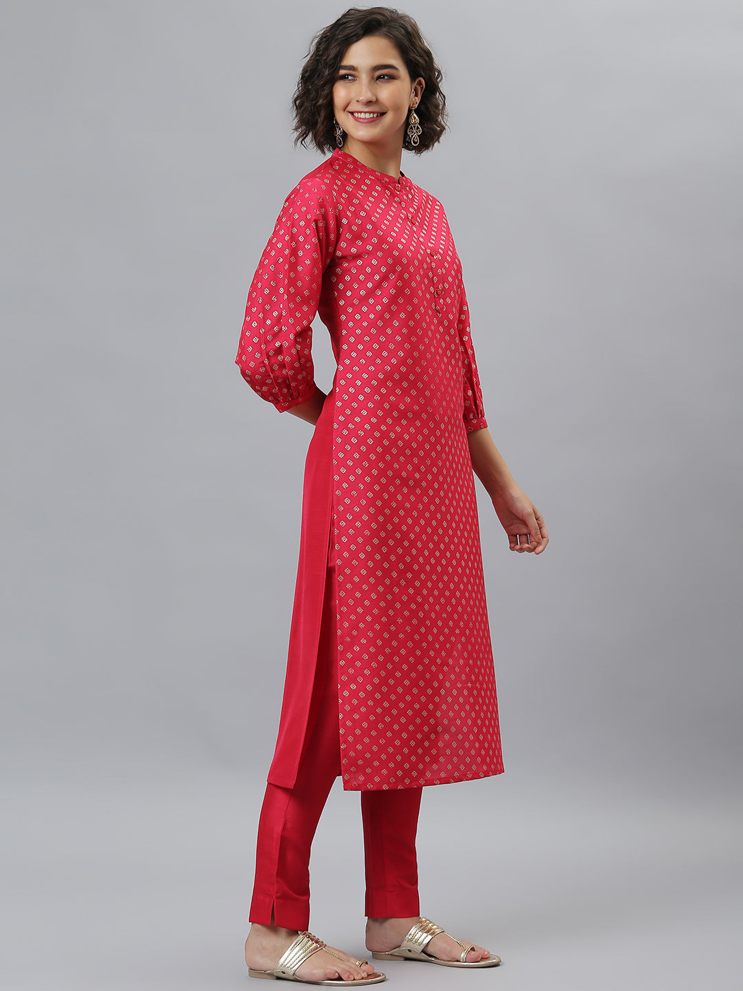 Janasya Women's Pink Poly Silk Floral Printed Straight Festive Kurta Set | Grocsy