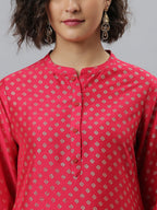 Janasya Women's Pink Poly Silk Floral Printed Straight Festive Kurta Set | Grocsy