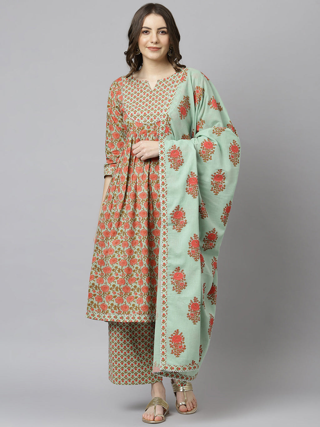 Janasya Women's Light Green Cotton Floral Print Kurta With Palazzo And Dupatta | Grocsy