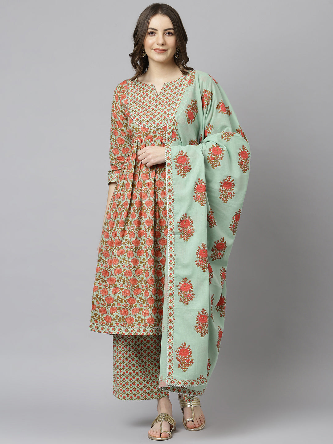 Janasya Women's Light Green Cotton Floral Print Kurta With Palazzo And Dupatta | Grocsy