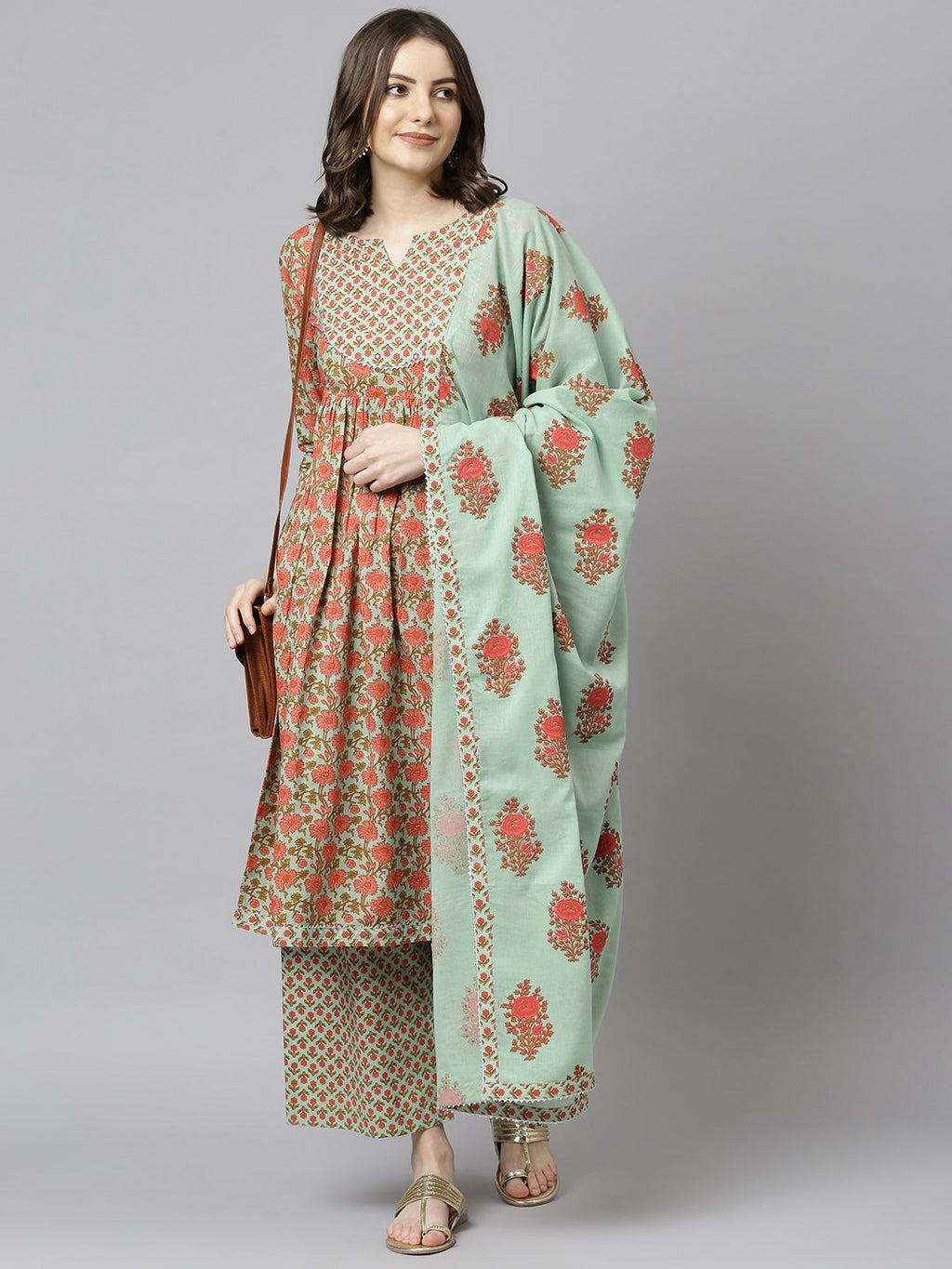 Janasya Women's Light Green Cotton Floral Print Kurta With Palazzo And Dupatta | Grocsy