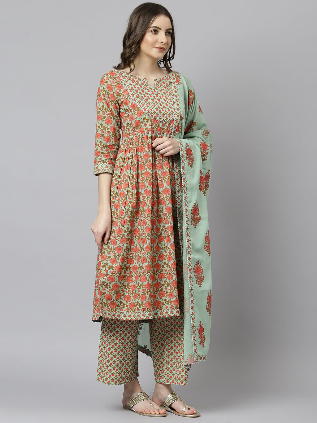 Janasya Women's Light Green Cotton Floral Print Kurta With Palazzo And Dupatta | Grocsy