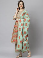 Janasya Women's Light Green Cotton Floral Print Kurta With Palazzo And Dupatta | Grocsy