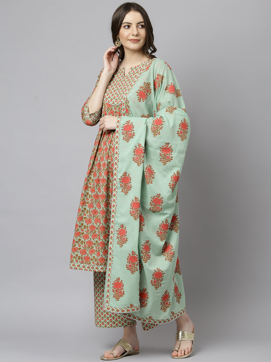 Janasya Women's Light Green Cotton Floral Print Kurta With Palazzo And Dupatta | Grocsy