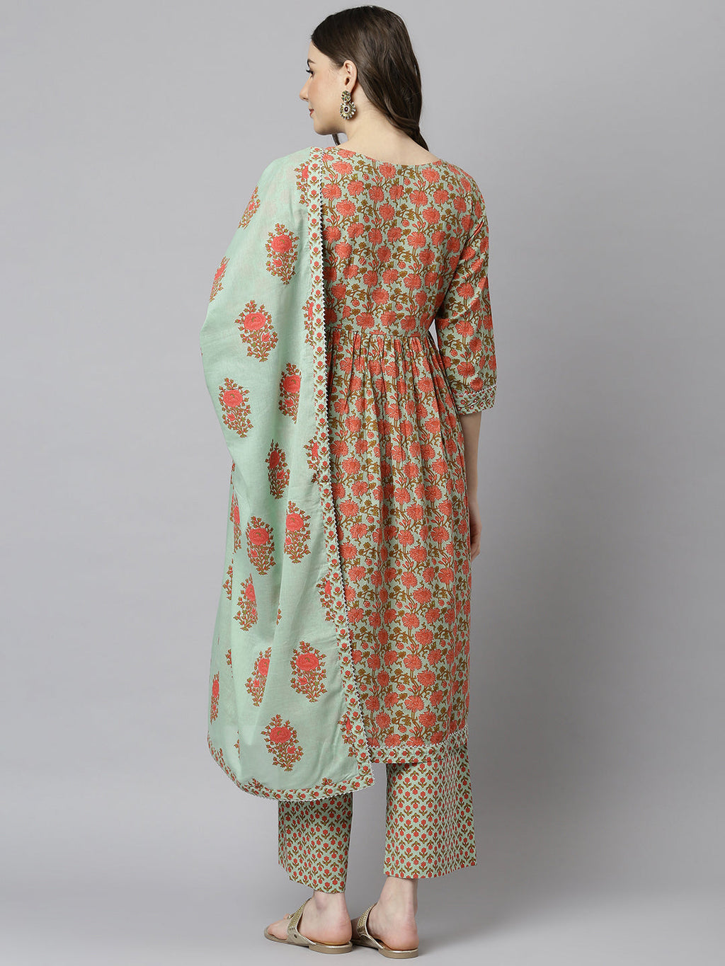 Janasya Women's Light Green Cotton Floral Print Kurta With Palazzo And Dupatta | Grocsy