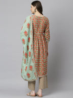 Janasya Women's Light Green Cotton Floral Print Kurta With Palazzo And Dupatta | Grocsy
