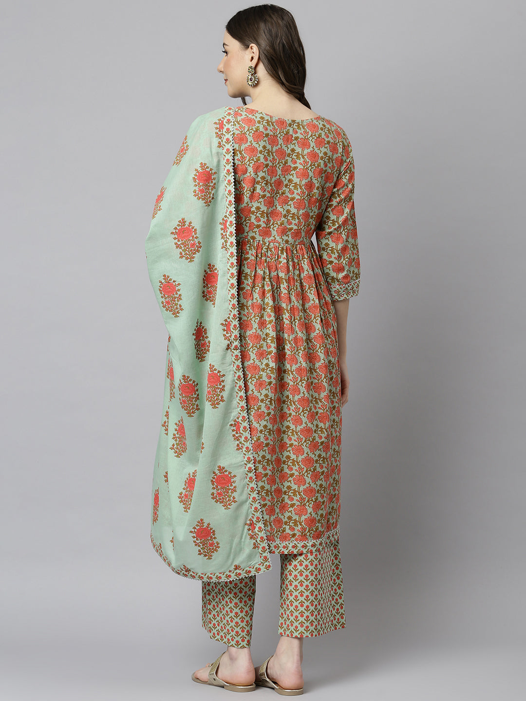 Janasya Women's Light Green Cotton Floral Print Kurta With Palazzo And Dupatta | Grocsy