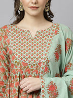 Janasya Women's Light Green Cotton Floral Print Kurta With Palazzo And Dupatta | Grocsy