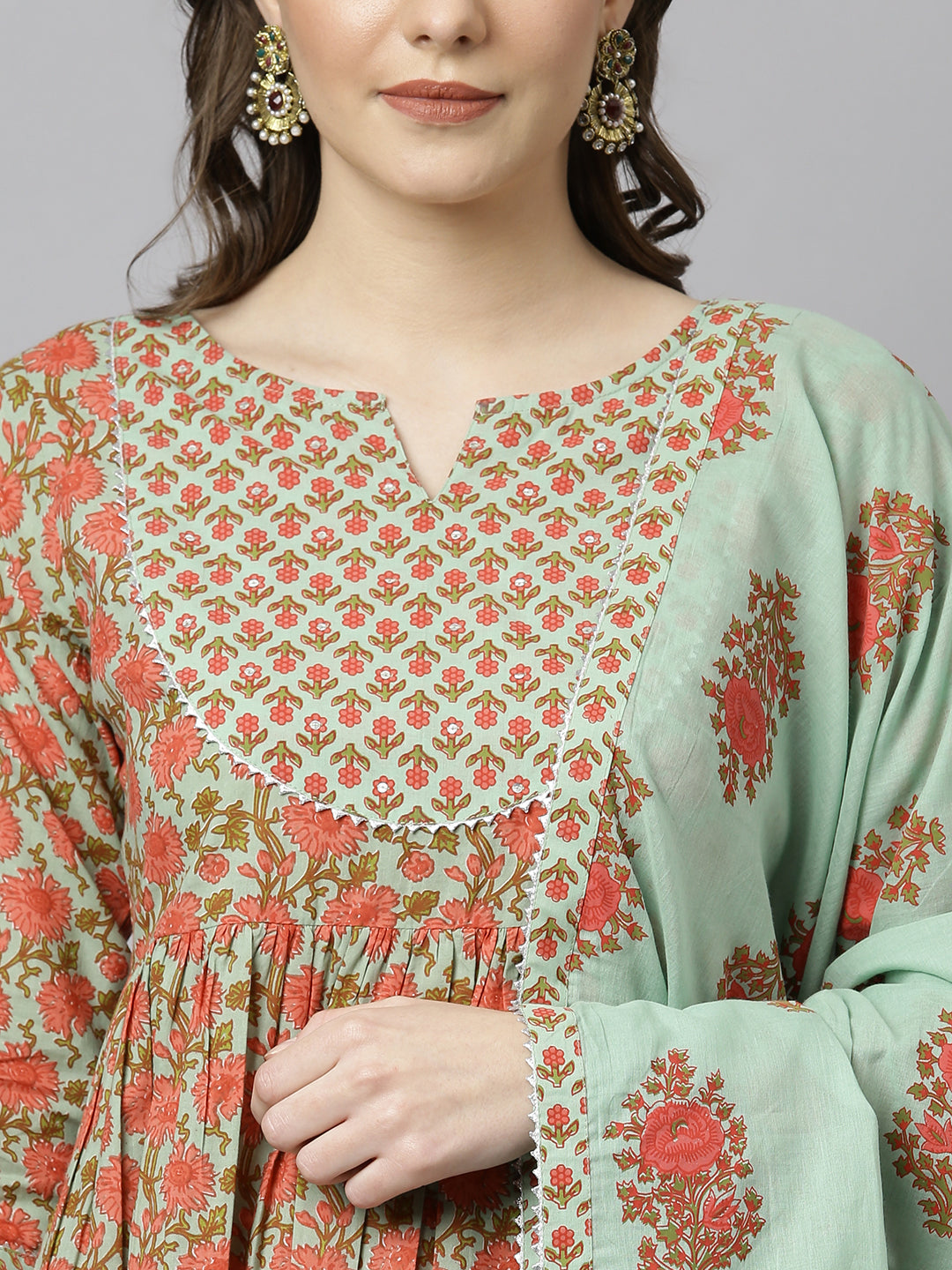 Janasya Women's Light Green Cotton Floral Print Kurta With Palazzo And Dupatta | Grocsy