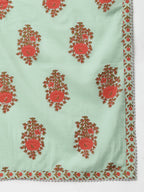 Janasya Women's Light Green Cotton Floral Print Kurta With Palazzo And Dupatta | Grocsy
