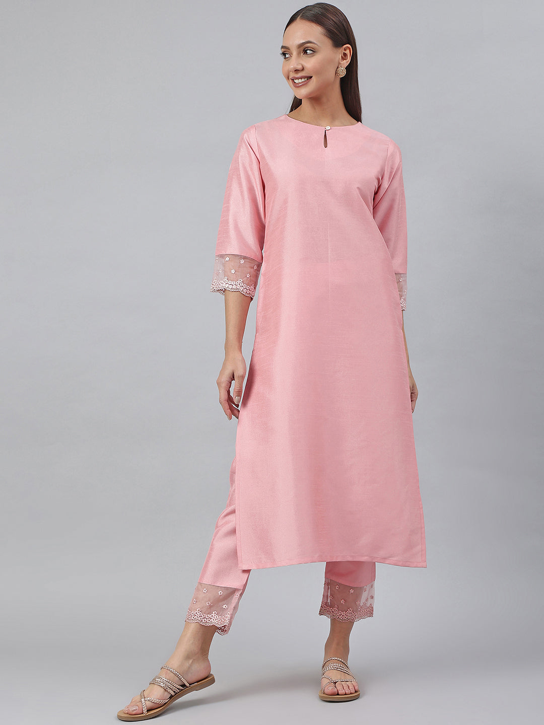 Janasya Pink Poly Silk Solid Set | Grocsy
