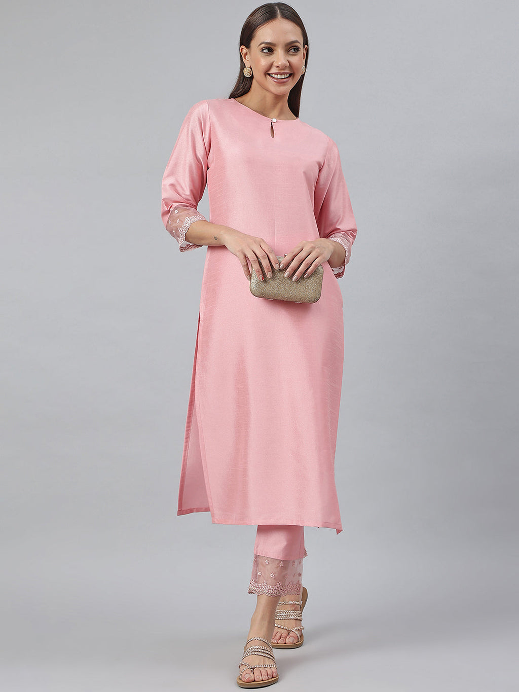 Janasya Pink Poly Silk Solid Set | Grocsy