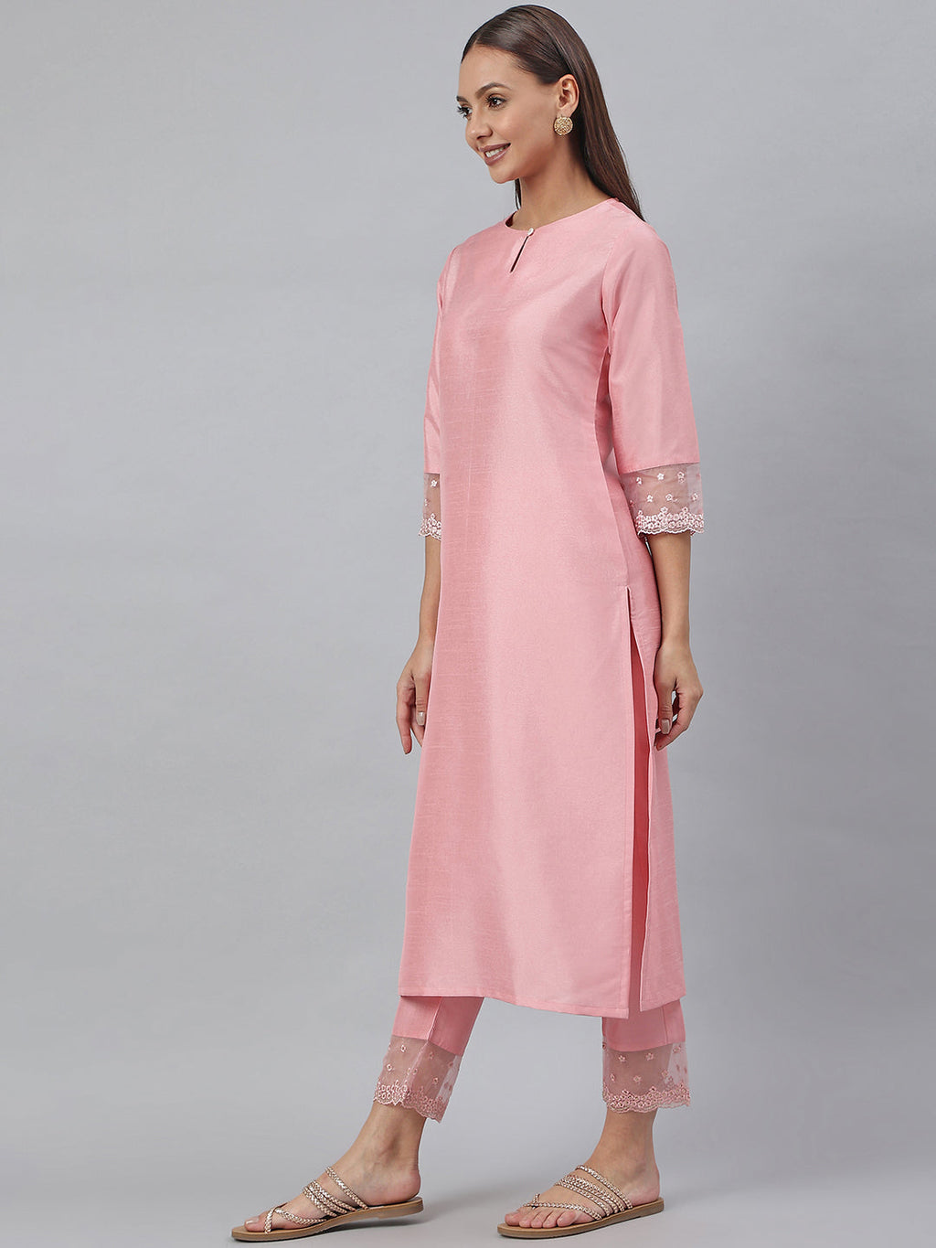 Janasya Pink Poly Silk Solid Set | Grocsy