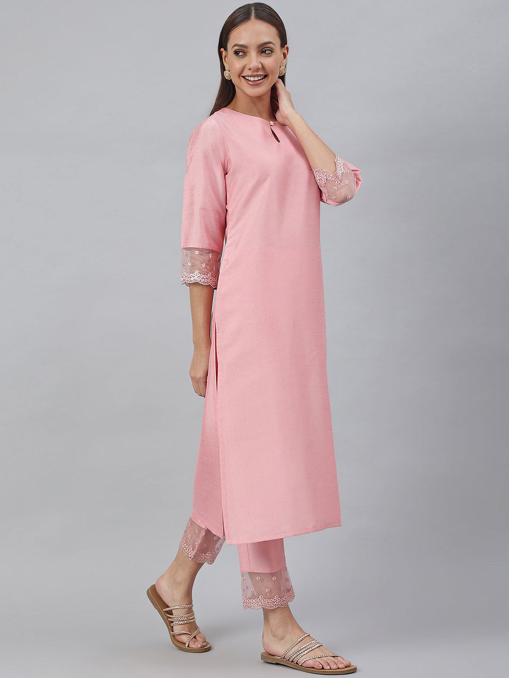 Janasya Pink Poly Silk Solid Set | Grocsy