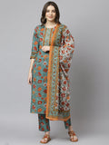Janasya Women's Green Cotton Embroidered Kurta With Pant And Dupatta | Grocsy