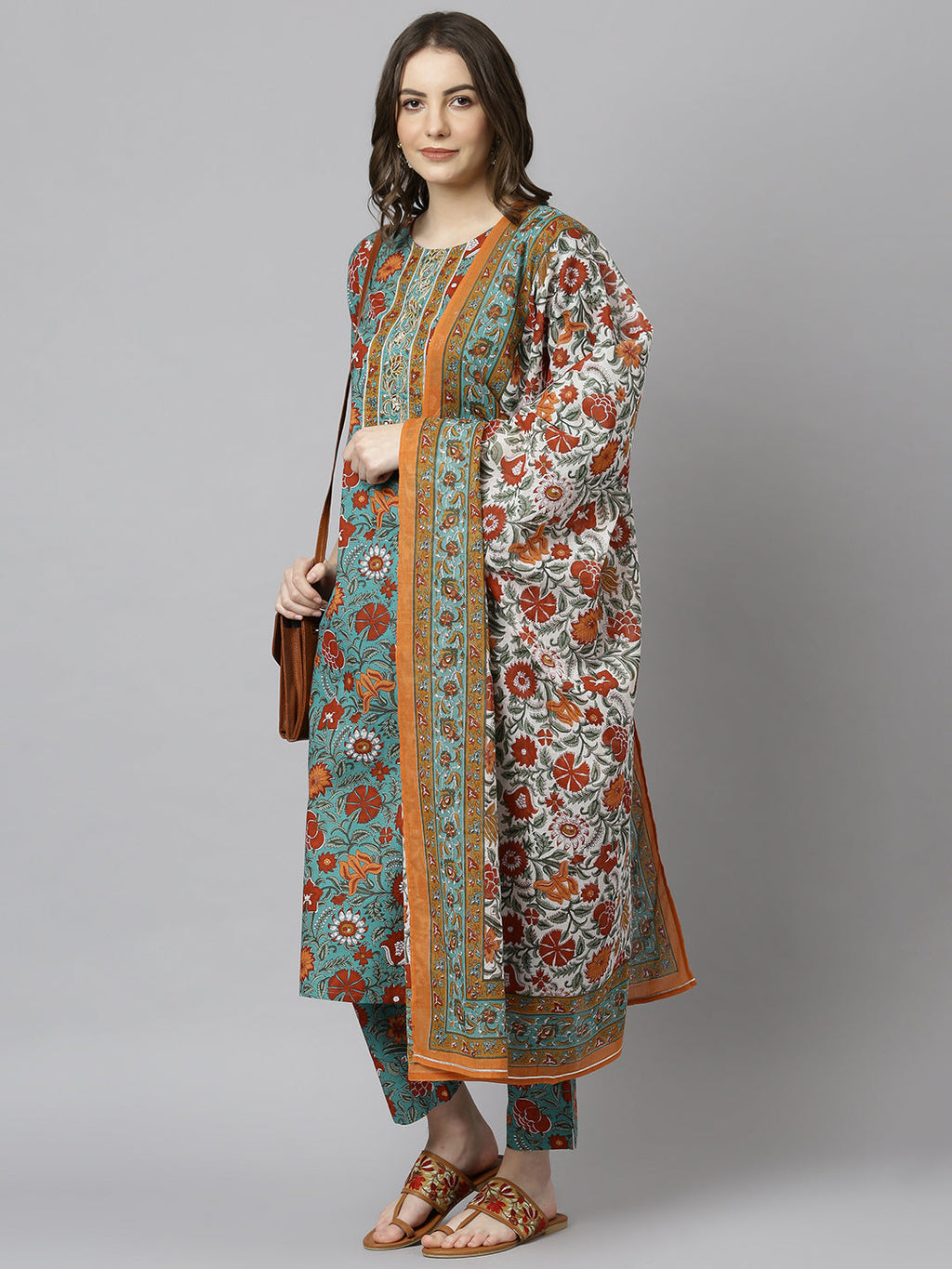 Janasya Women's Green Cotton Embroidered Kurta With Pant And Dupatta | Grocsy