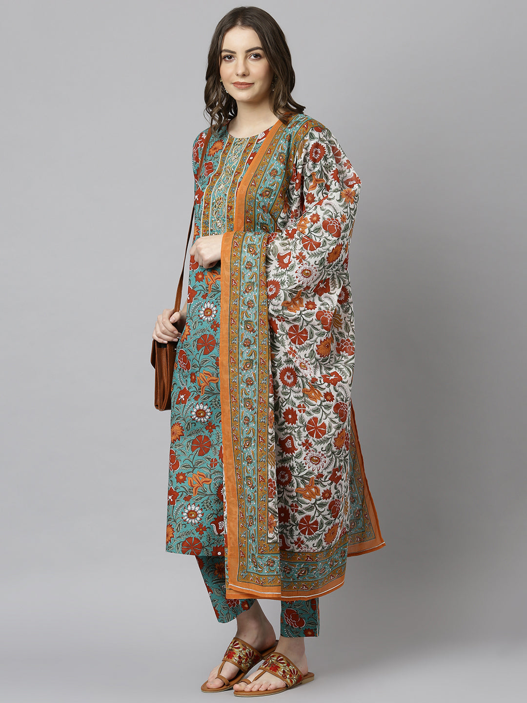Janasya Women's Green Cotton Embroidered Kurta With Pant And Dupatta | Grocsy