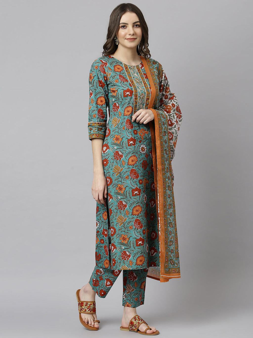 Janasya Women's Green Cotton Embroidered Kurta With Pant And Dupatta | Grocsy