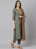 Janasya Women's Green Cotton Embroidered Kurta With Pant And Dupatta | Grocsy