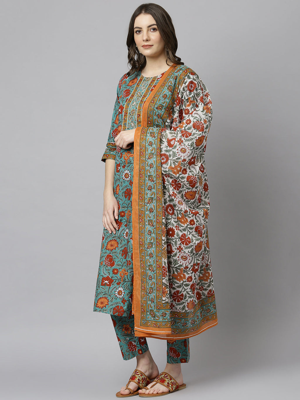 Janasya Women's Green Cotton Embroidered Kurta With Pant And Dupatta | Grocsy
