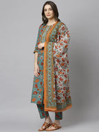 Janasya Women's Green Cotton Embroidered Kurta With Pant And Dupatta | Grocsy