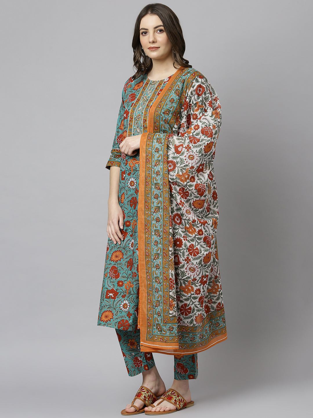 Janasya Women's Green Cotton Embroidered Kurta With Pant And Dupatta | Grocsy
