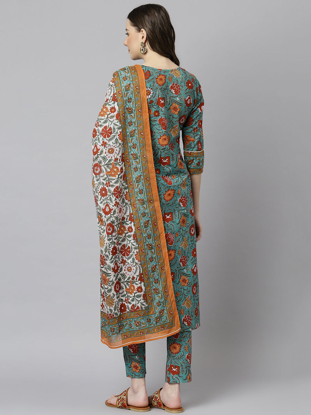 Janasya Women's Green Cotton Embroidered Kurta With Pant And Dupatta | Grocsy