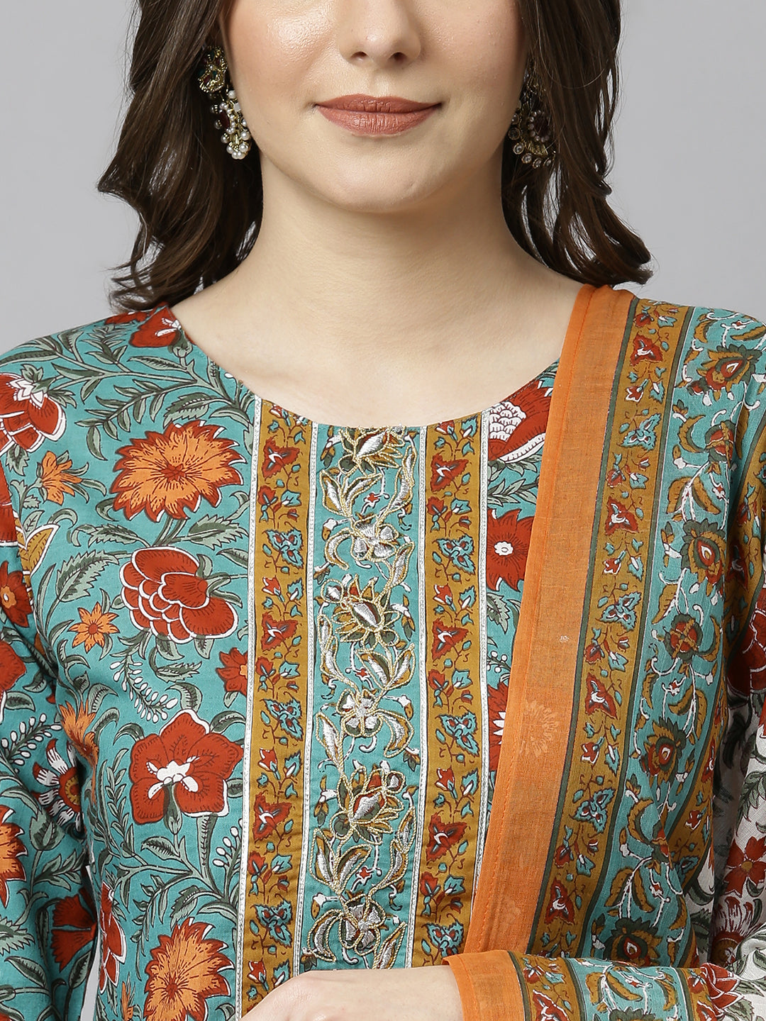 Janasya Women's Green Cotton Embroidered Kurta With Pant And Dupatta | Grocsy