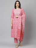 Janasya Women's Pink Cotton Floral Print Kurta With Pant And Dupatta | Grocsy