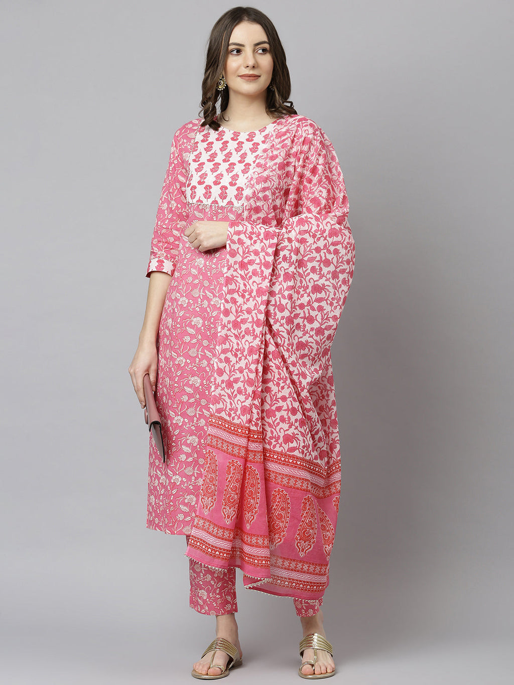 Janasya Women's Pink Cotton Floral Print Kurta With Pant And Dupatta | Grocsy