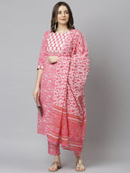 Janasya Women's Pink Cotton Floral Print Kurta With Pant And Dupatta | Grocsy