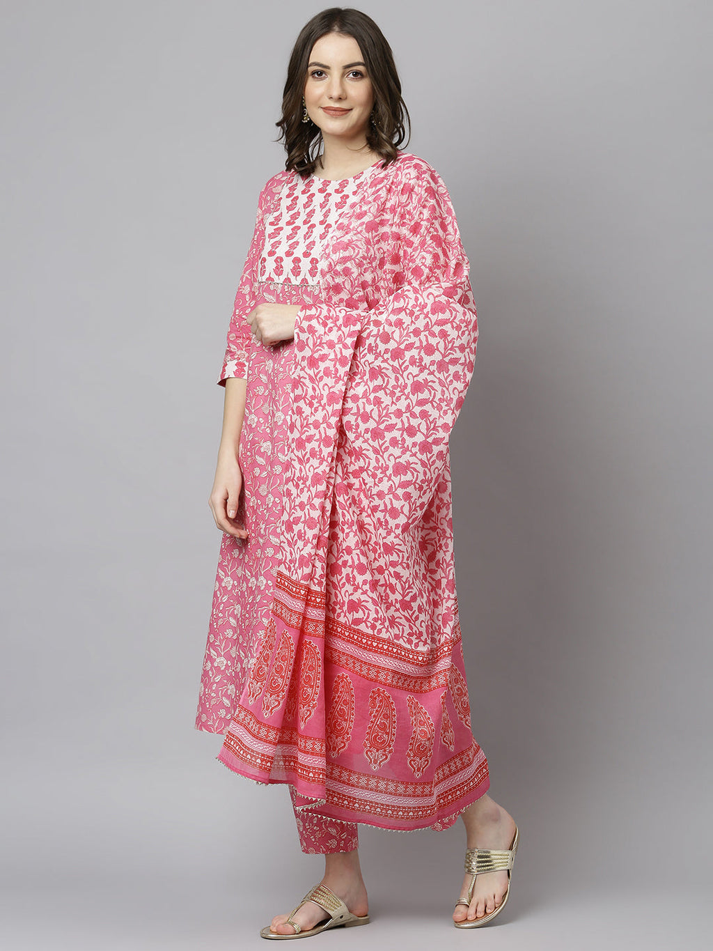Janasya Women's Pink Cotton Floral Print Kurta With Pant And Dupatta | Grocsy