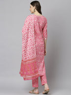 Janasya Women's Pink Cotton Floral Print Kurta With Pant And Dupatta | Grocsy